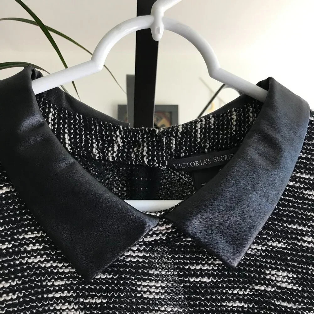 VICTORIA'S SECRET size XL Black & Cream Marled Knit Faux Leather Dress Pockets